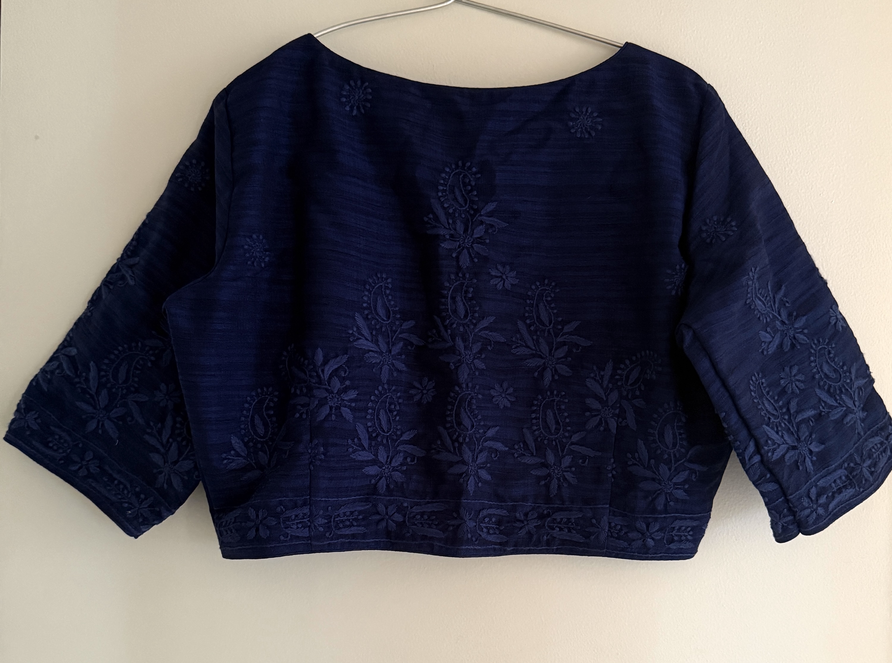 Blue raw silk free size ready to wear vintage Chikankari blouse - Image 1