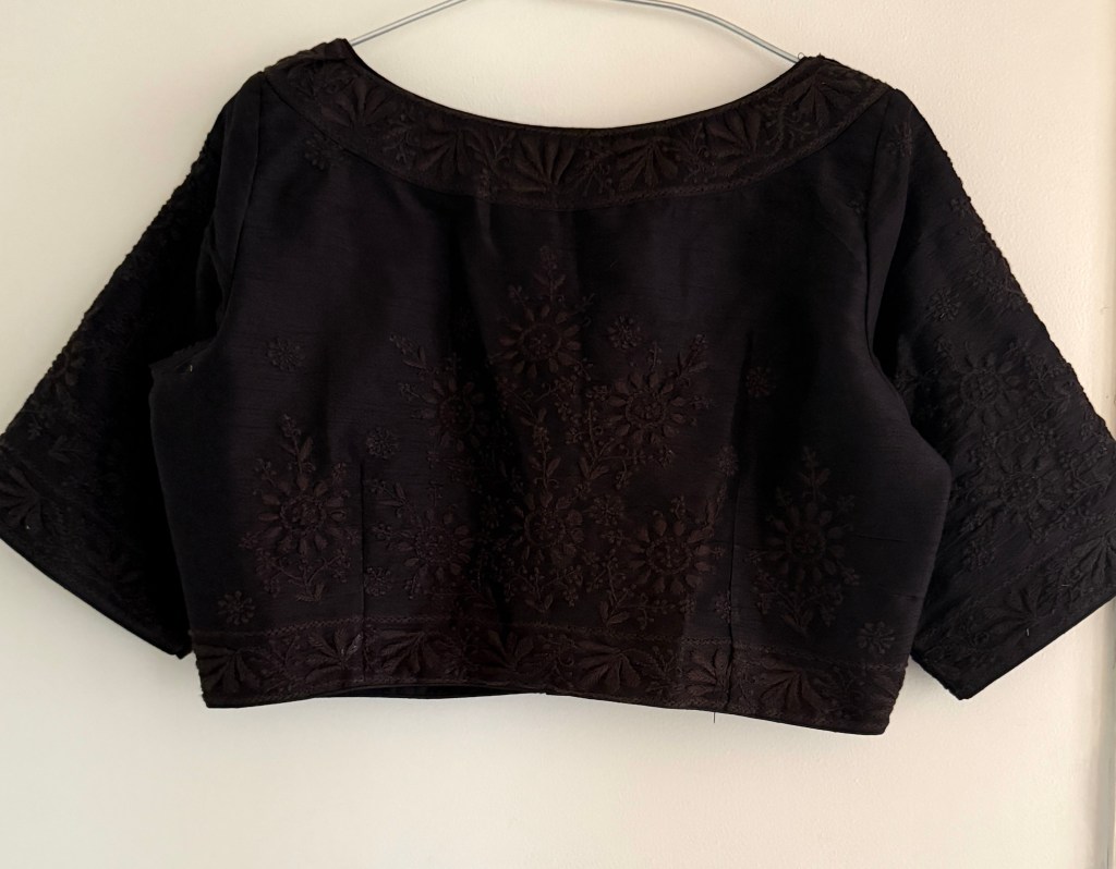 Black raw silk free size ready to wear vintage Chikankari blouse