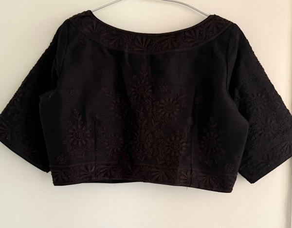 Black raw silk free size ready to wear vintage Chikankari blouse