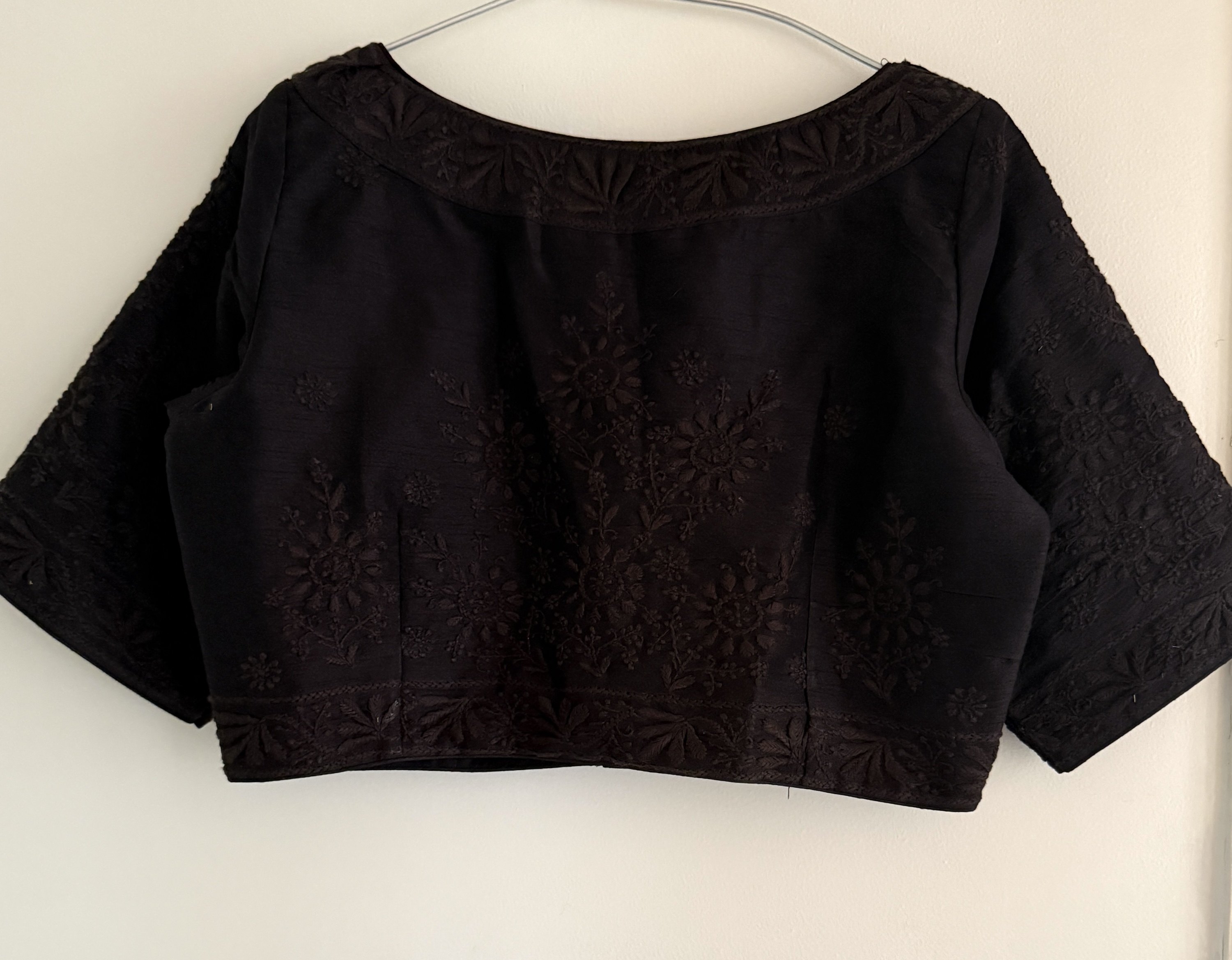 Black raw silk free size ready to wear vintage Chikankari blouse - Image 1