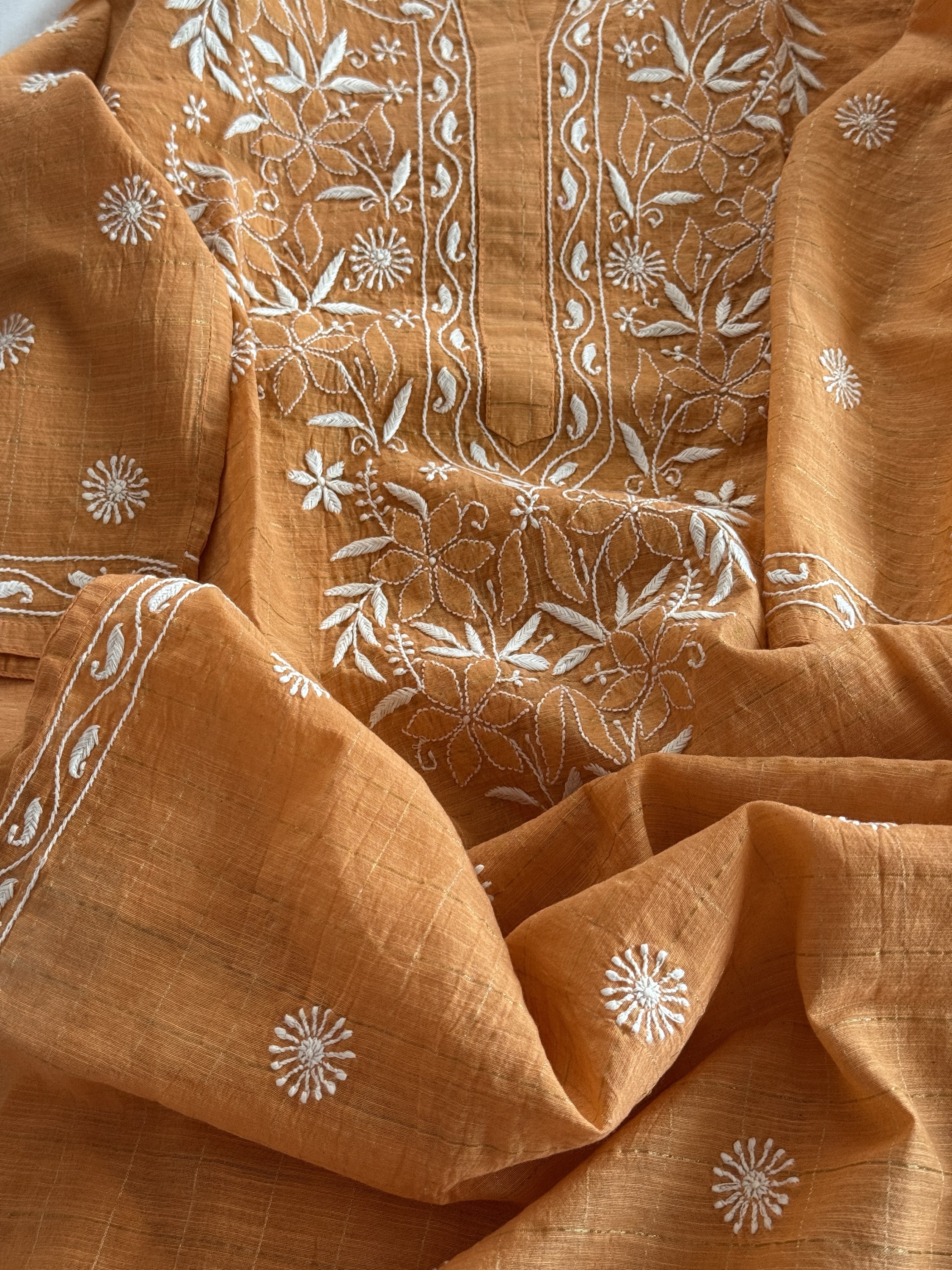 Orange Chanderi cotton ready to wear Chikankari kurti - Image 4