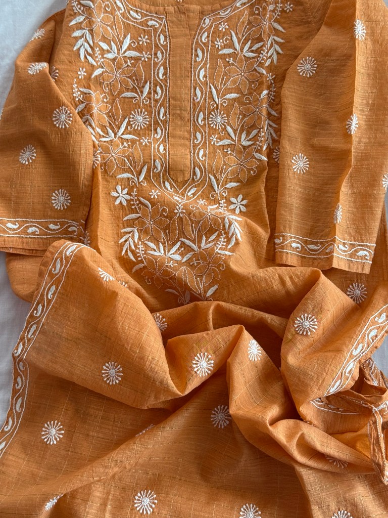 Orange Chanderi cotton ready to wear Chikankari kurti