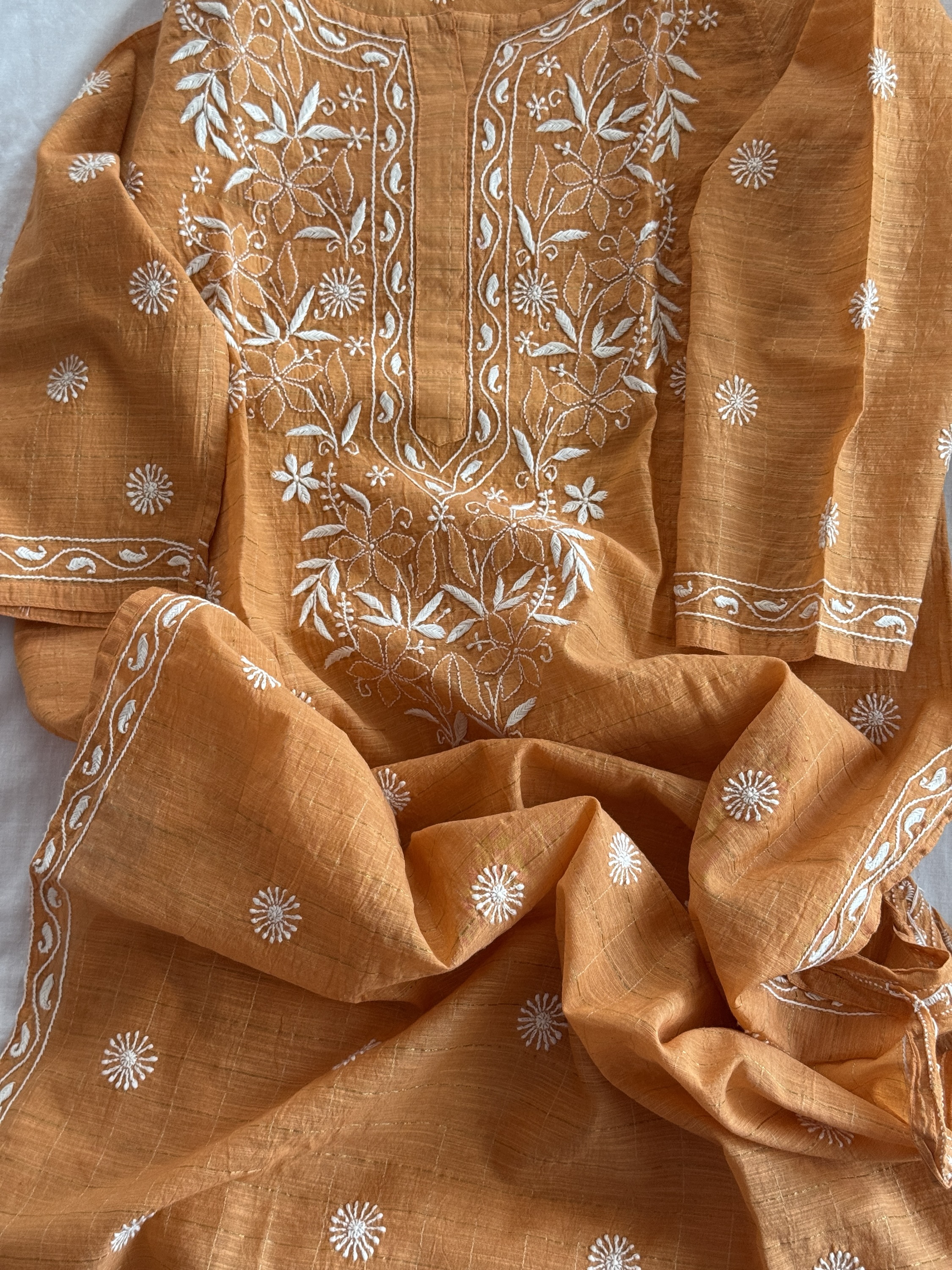 Orange Chanderi cotton ready to wear Chikankari kurti - Image 3