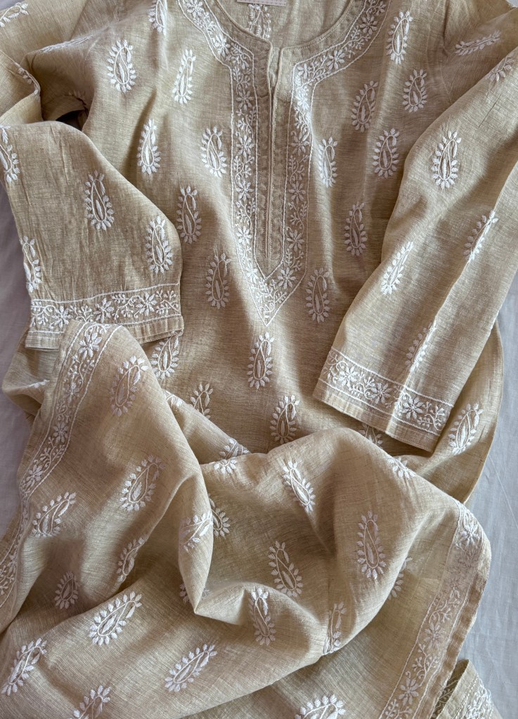 Off-white khadi Chanderi Chikankari ready to wear casual kurti
