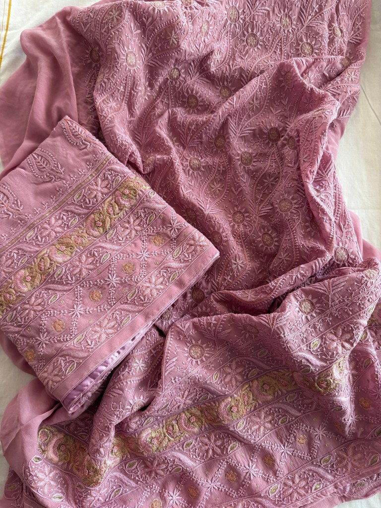 Onion pink pure georgette jaal work Chikankari kurta dupatta set with Parsi gara work
