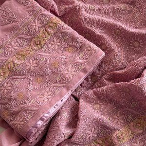 Onion pink pure georgette jaal work Chikankari kurta dupatta set with Parsi gara work - Image 2