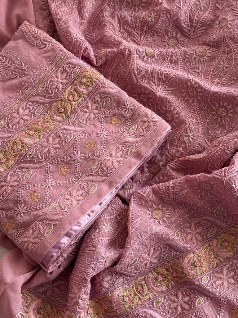 Onion pink pure georgette jaal work Chikankari kurta dupatta set with Parsi gara work