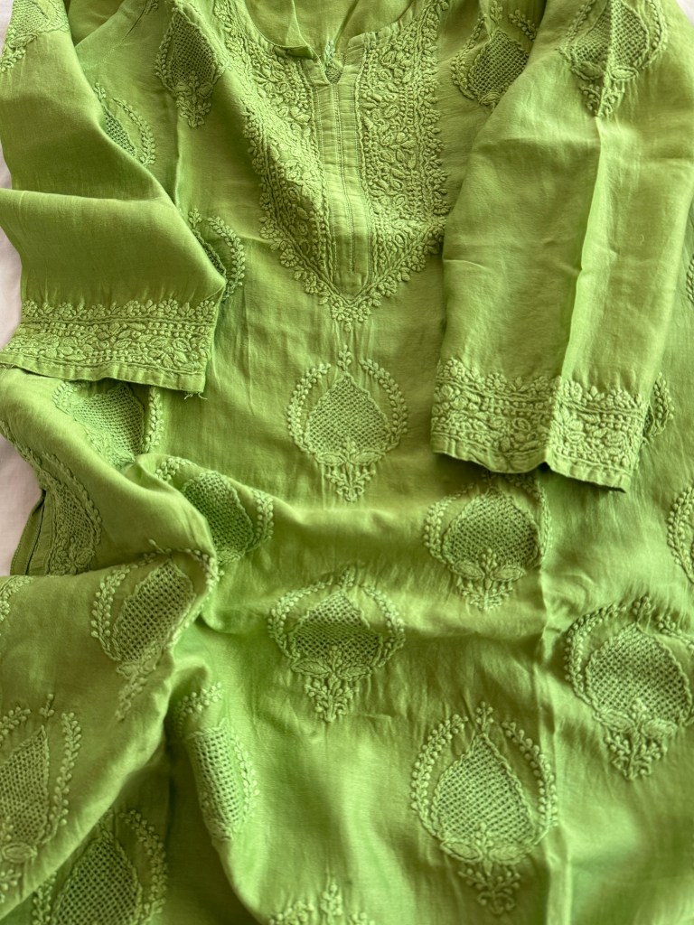 Green Chanderi ready to wear Chikankari kurti with  traditional Jaali work motifs