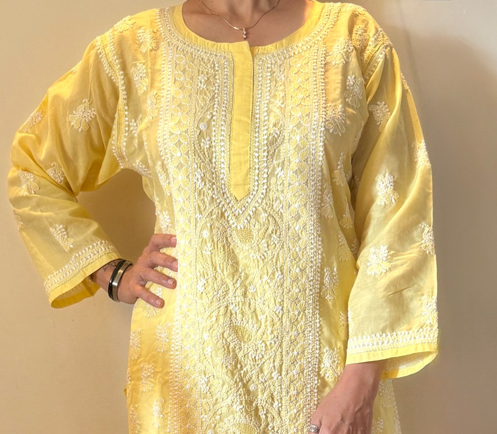 Yellow cotton ready to wear Chikankari kurti