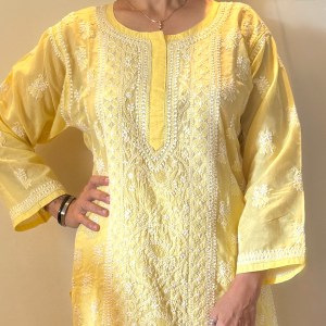Yellow cotton ready to wear Chikankari kurti - Image 2