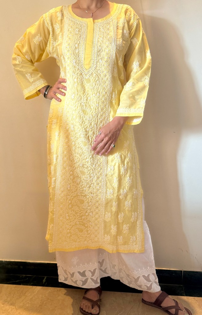 Yellow cotton ready to wear Chikankari kurti
