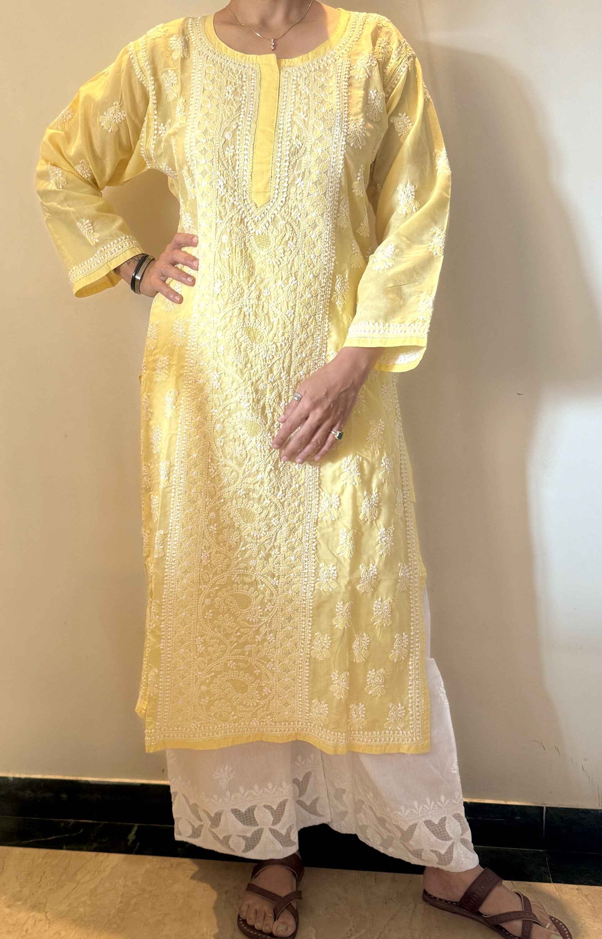 Yellow cotton ready to wear Chikankari kurti - Image 1
