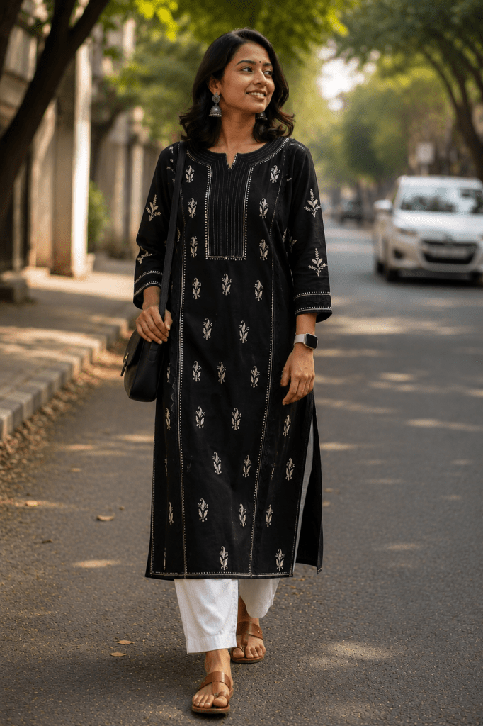 Black organic cotton ready to wear Chikankari kurti