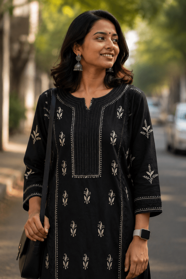 Black organic cotton ready to wear Chikankari kurti
