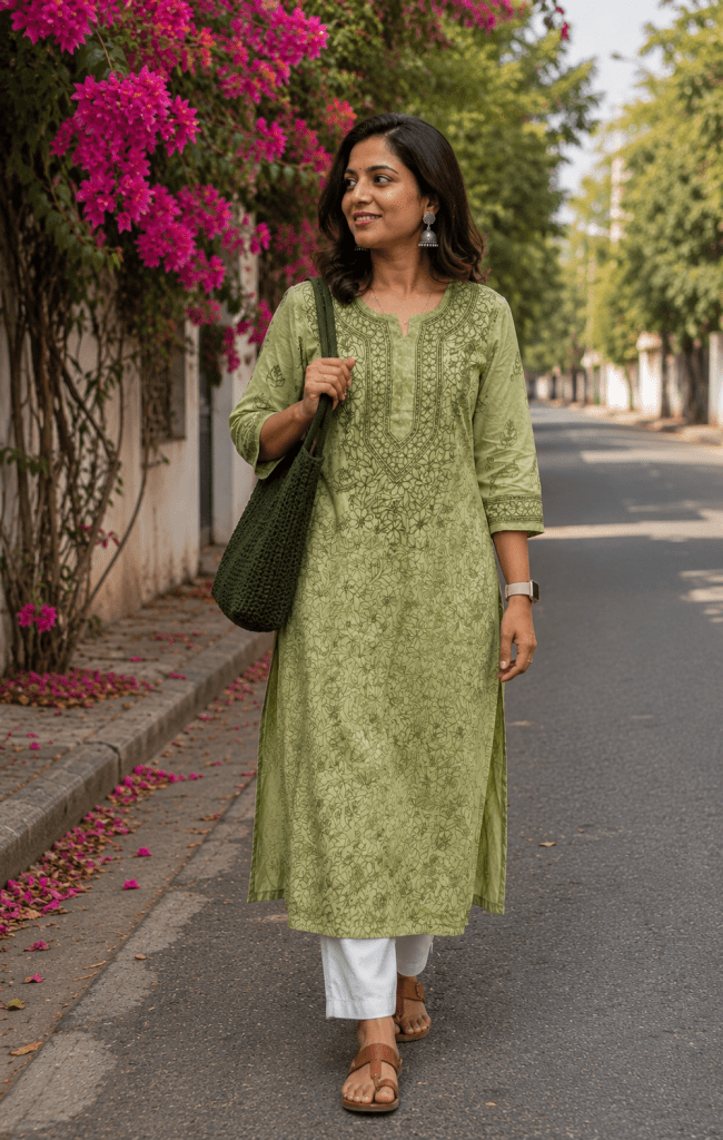 Green Muga Tussar silk ready to wear Chikankari kurti