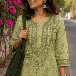 Green Muga Tussar silk ready to wear Chikankari kurti - Image 2