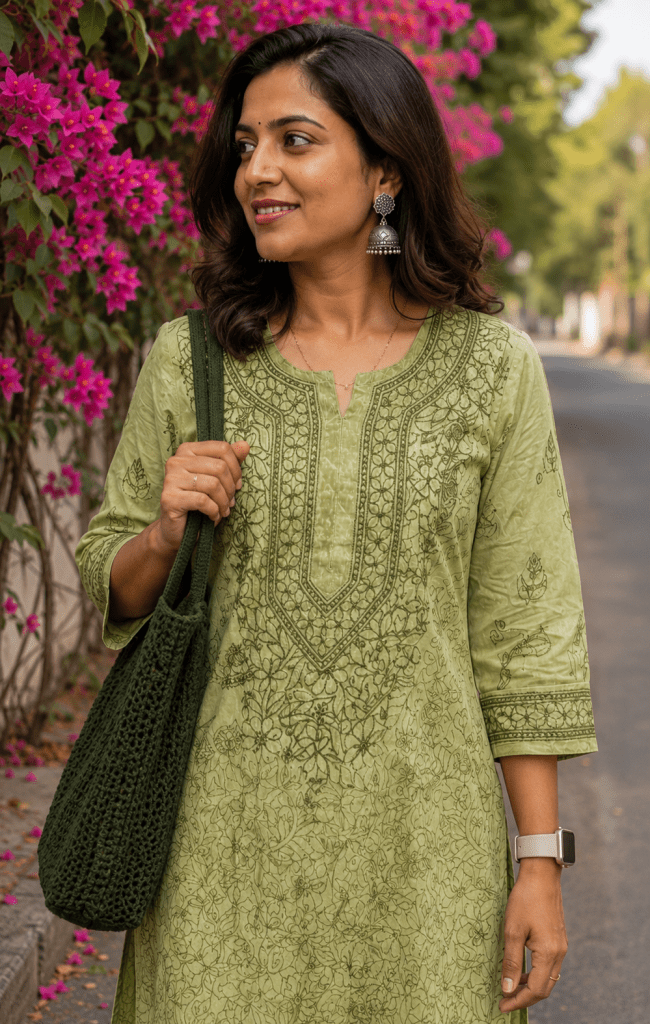 Green Muga Tussar silk ready to wear Chikankari kurti