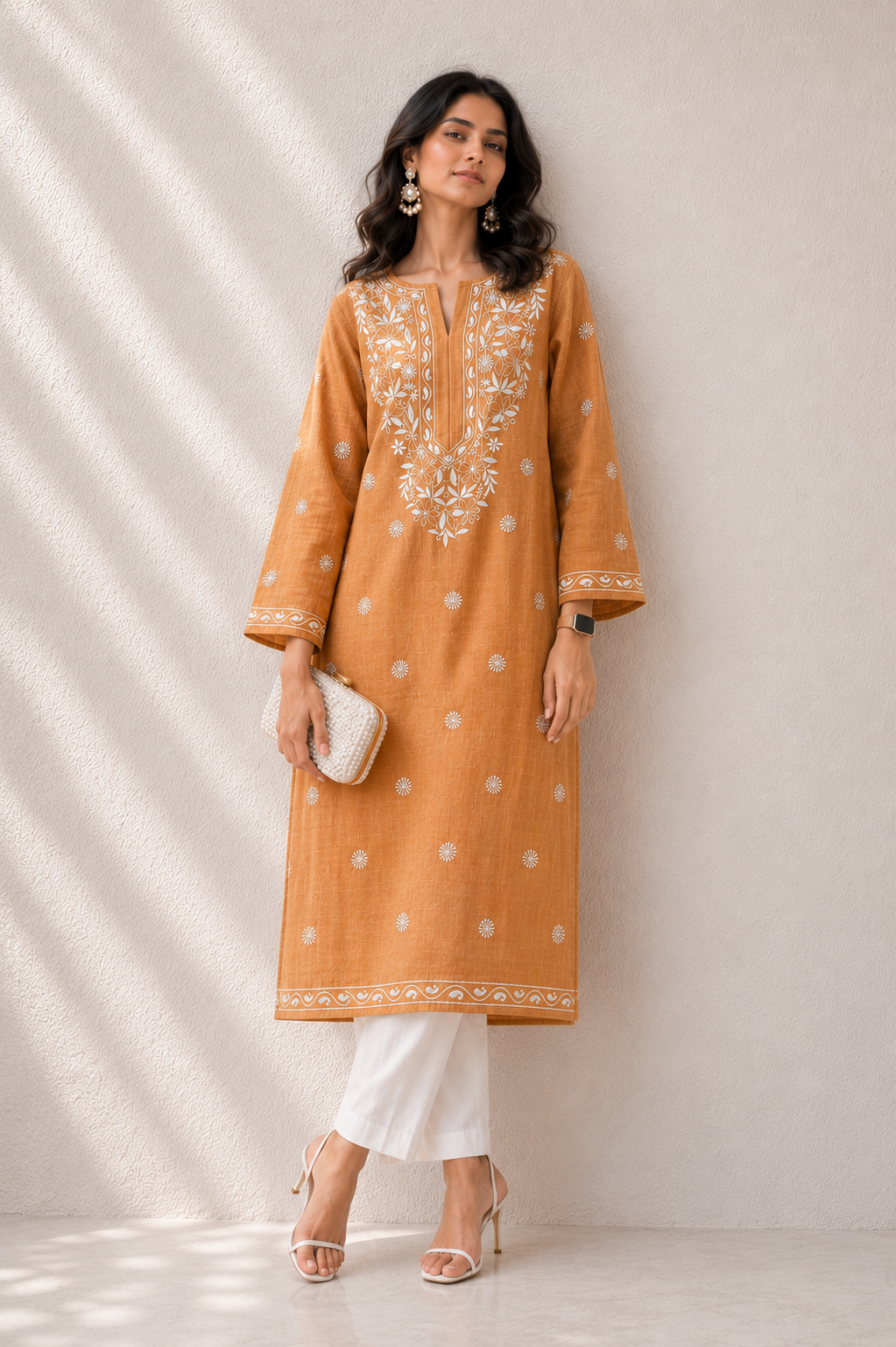 Orange Chanderi cotton ready to wear Chikankari kurti - Image 1