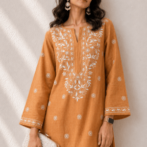 Orange Chanderi cotton ready to wear Chikankari kurti - Image 2
