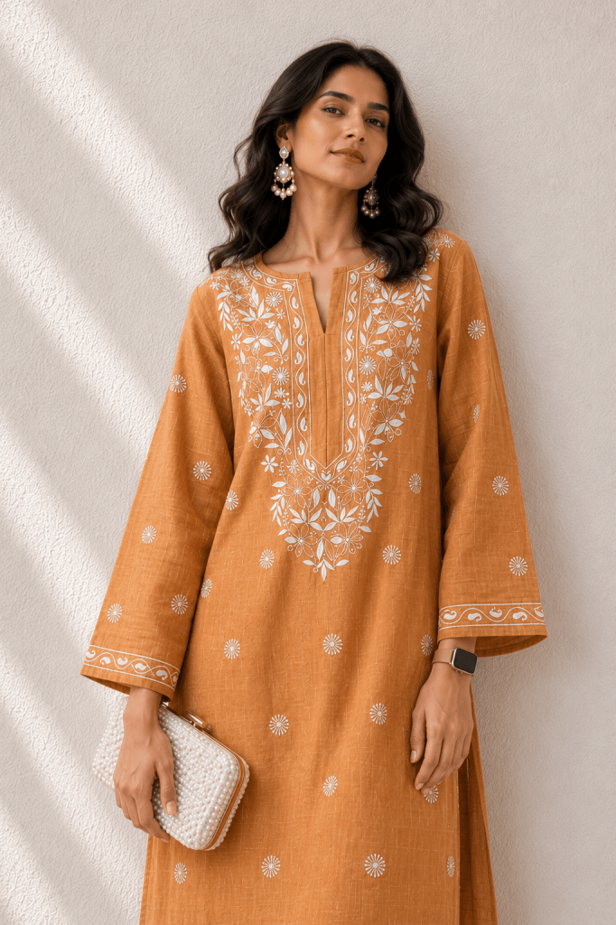 Orange Chanderi cotton ready to wear Chikankari kurti