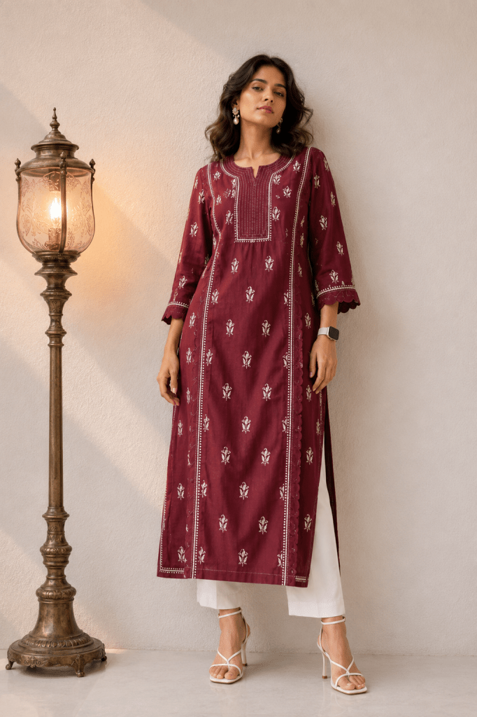 Garnet red  Pure cotton ready to wear Chikankari kurti