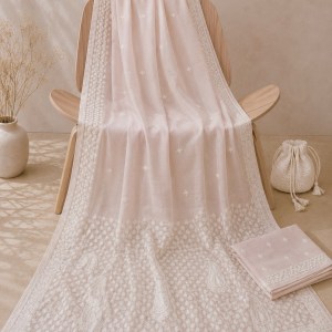 Pink pure cotton handmade Chikankari saree with blouse - Image 1