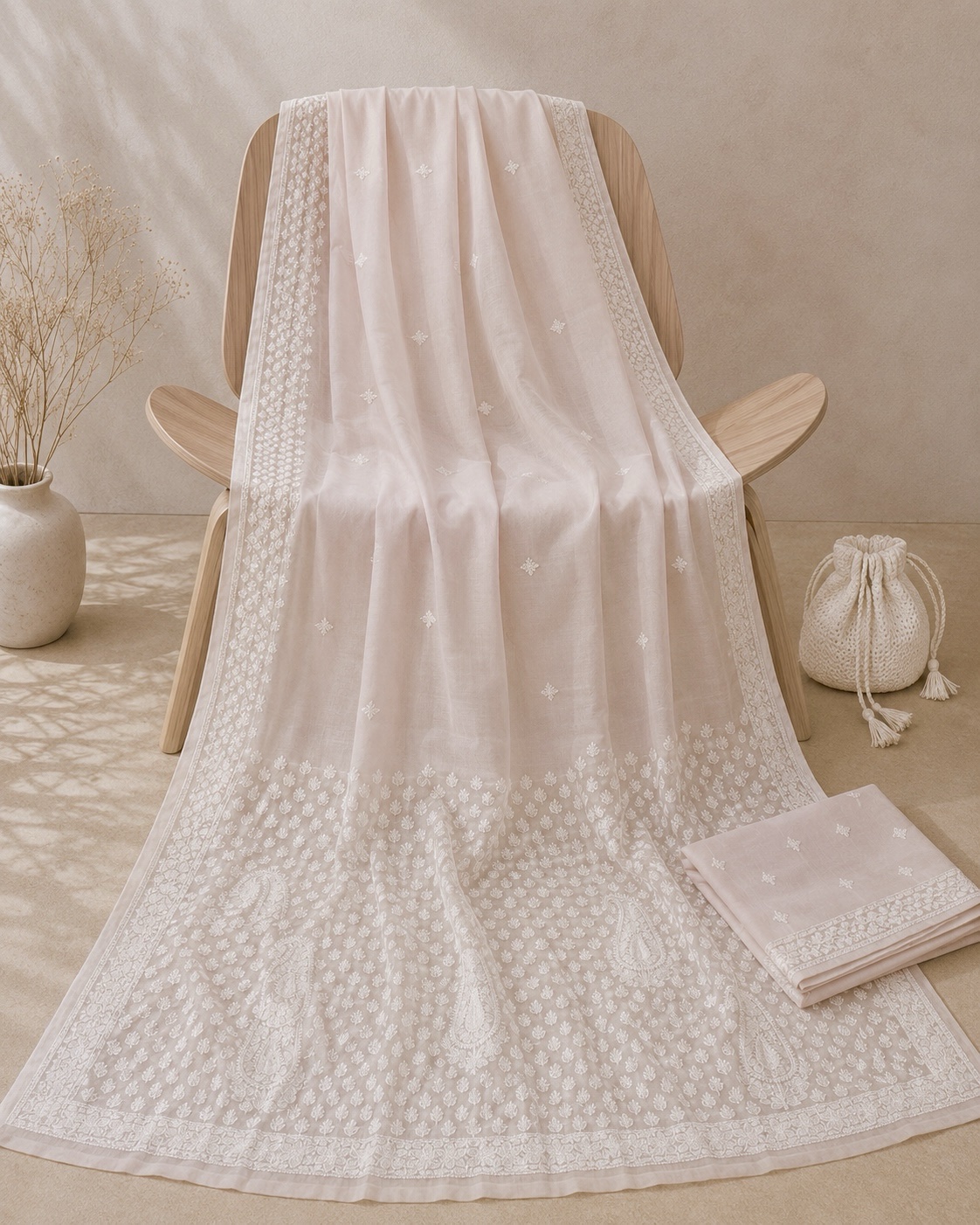 Pink pure cotton handmade Chikankari saree with blouse - Image 1