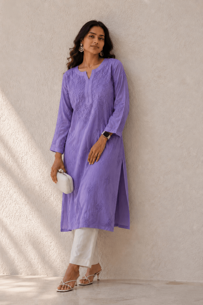 Lilac Chanderi mulmul ready to wear Chikankari kurti