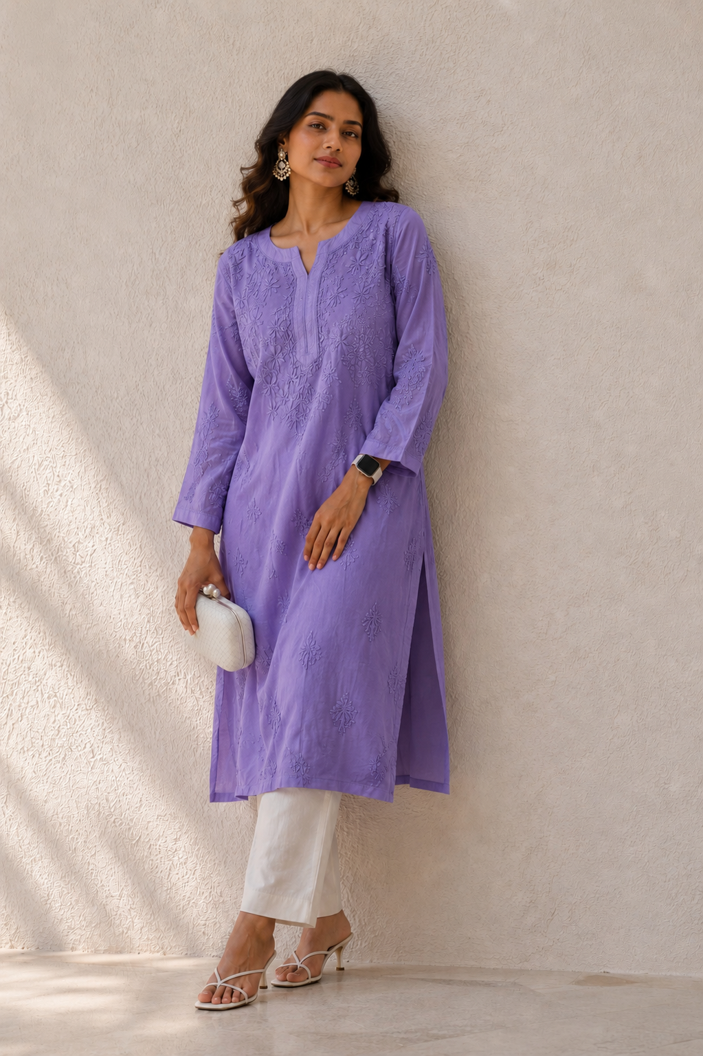 Lilac Chanderi mulmul ready to wear Chikankari kurti - Image 1