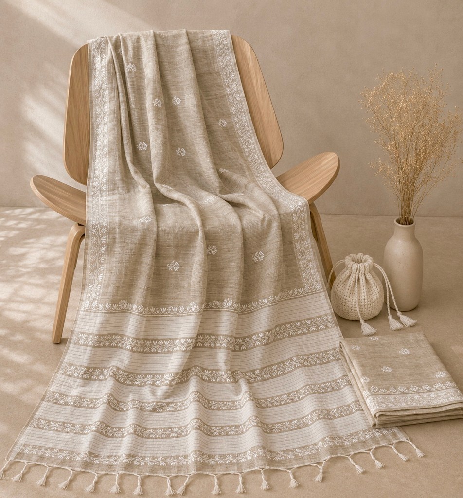 Pure Chanderi khadi texture handwoven Chikankari saree with blouse