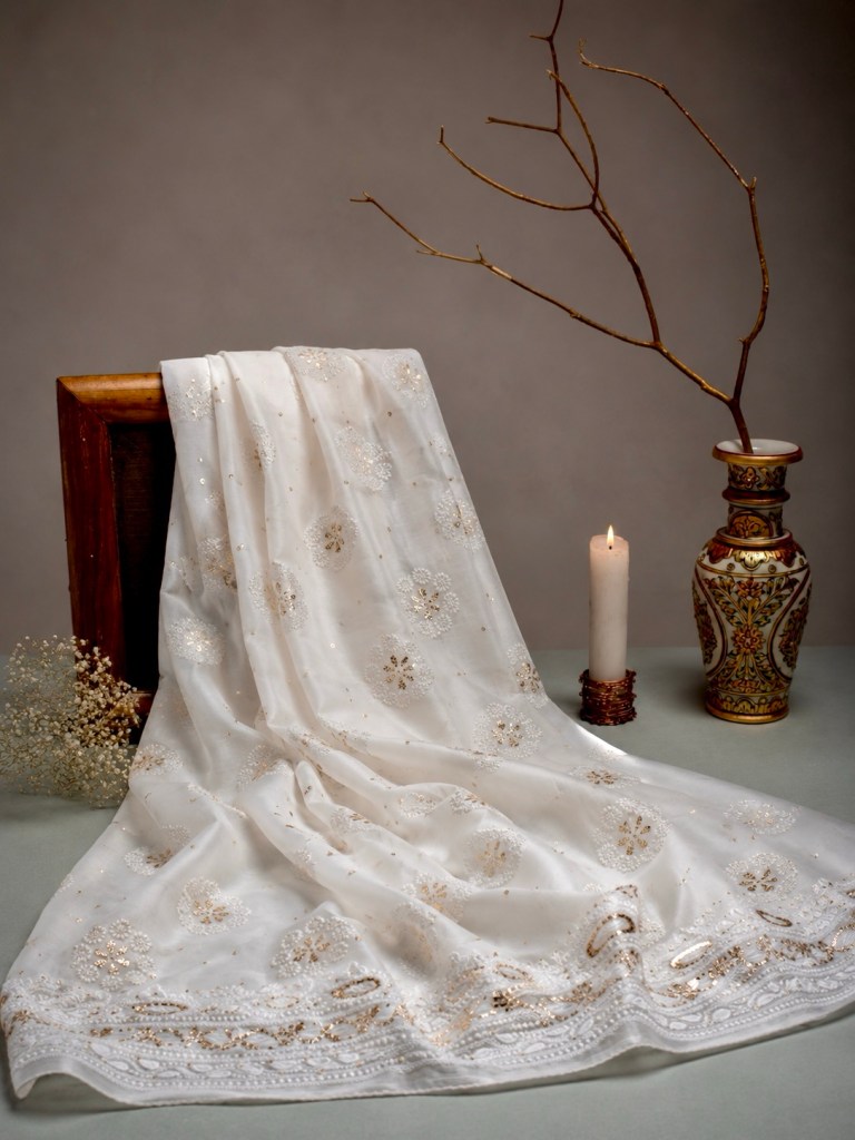 Off-white Chanderi Chikankari & mukaish kurta fabric