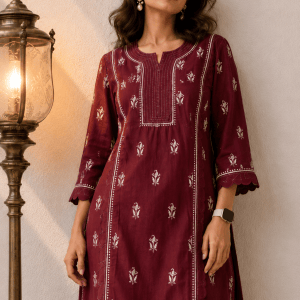 Garnet red  Pure cotton ready to wear Chikankari kurti - Image 2