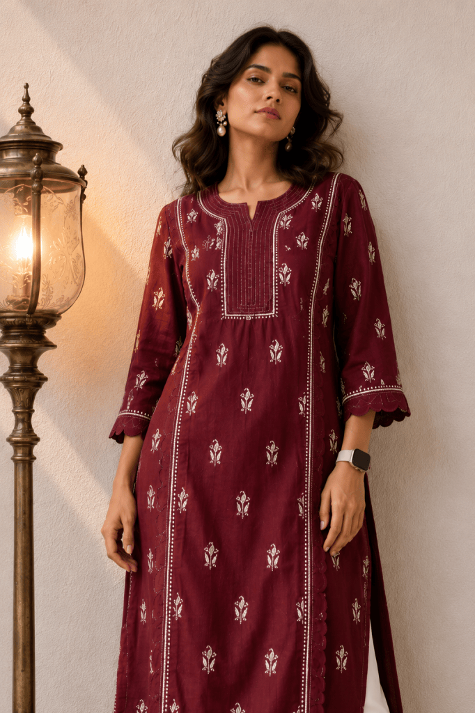 Garnet red  Pure cotton ready to wear Chikankari kurti