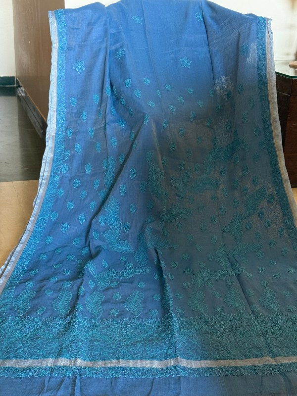Blue Chanderi Chikankari saree