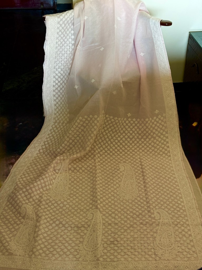Pink pure cotton handmade Chikankari saree with blouse