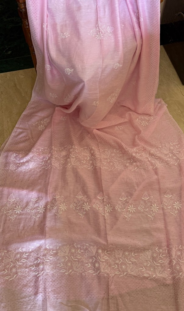 Pink pure linen Chikankari & mukaish work saree with blouse