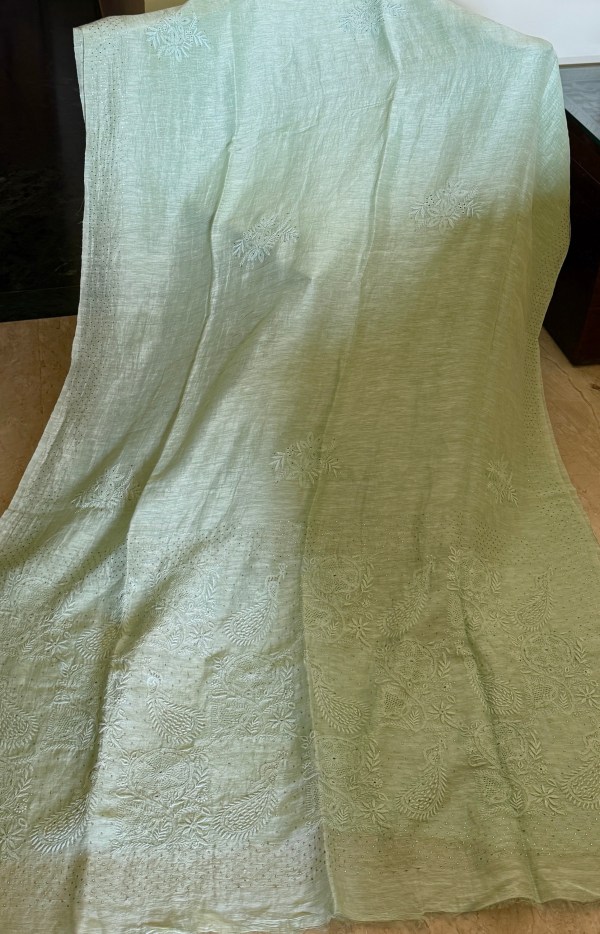 Sage green pure linen Chikankari & mukaish work saree with blouse