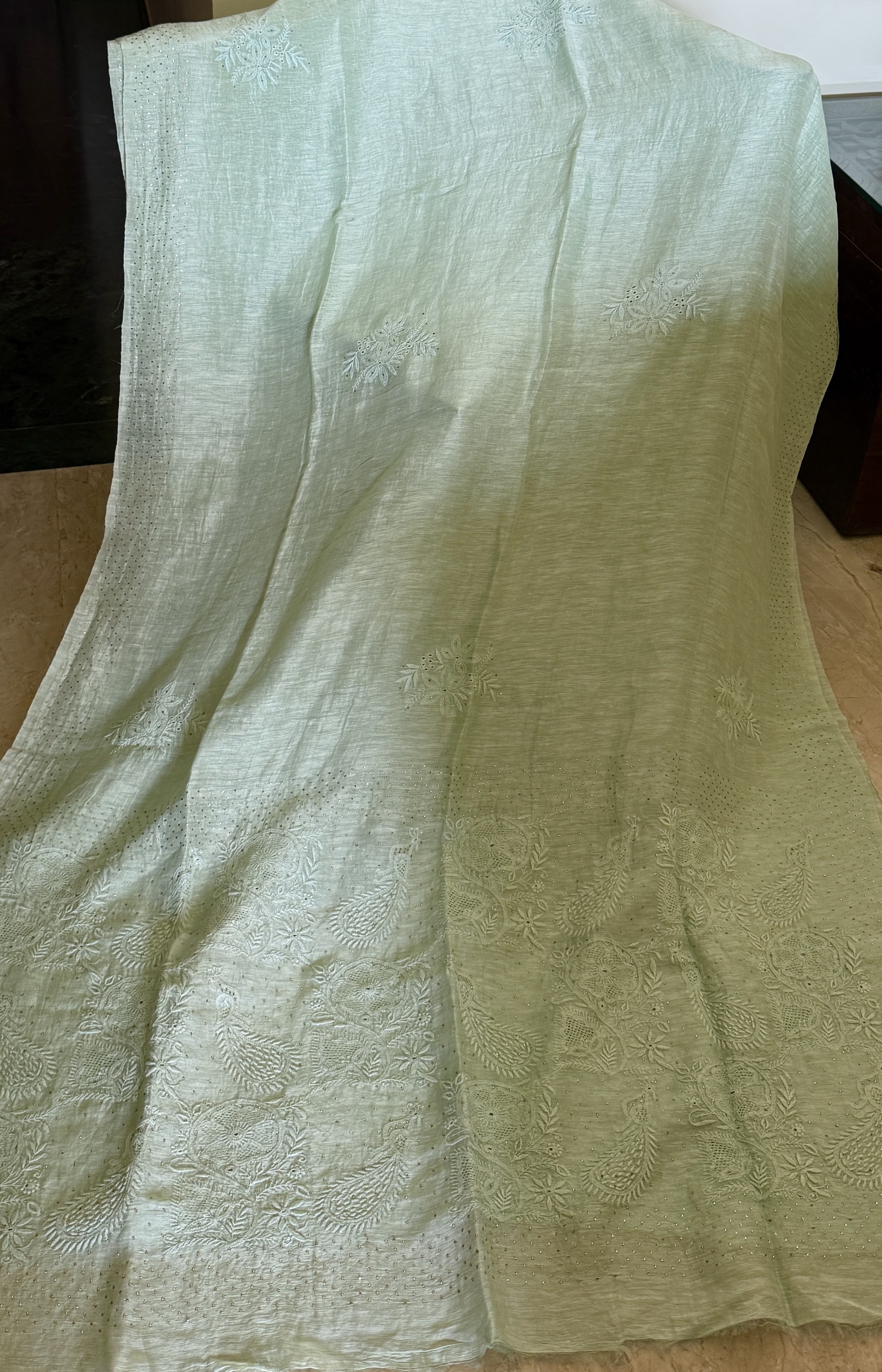 Sage green pure linen Chikankari & mukaish work saree with blouse - Image 1