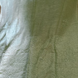 Sage green pure linen Chikankari & mukaish work saree with blouse - Image 2
