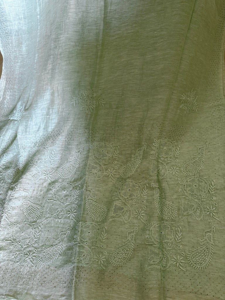 Sage green pure linen Chikankari & mukaish work saree with blouse