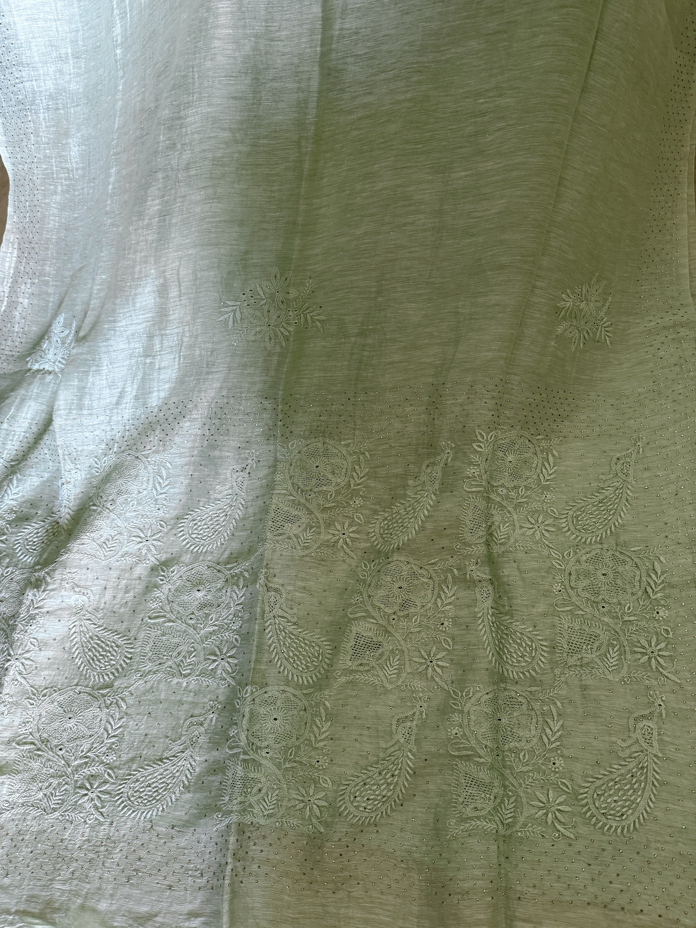 Sage green pure linen Chikankari & mukaish work saree with blouse - Image 2