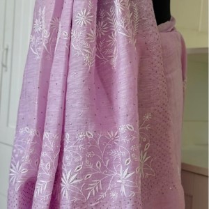Lilac pink pure linen Chikankari & mukaish work saree with blouse