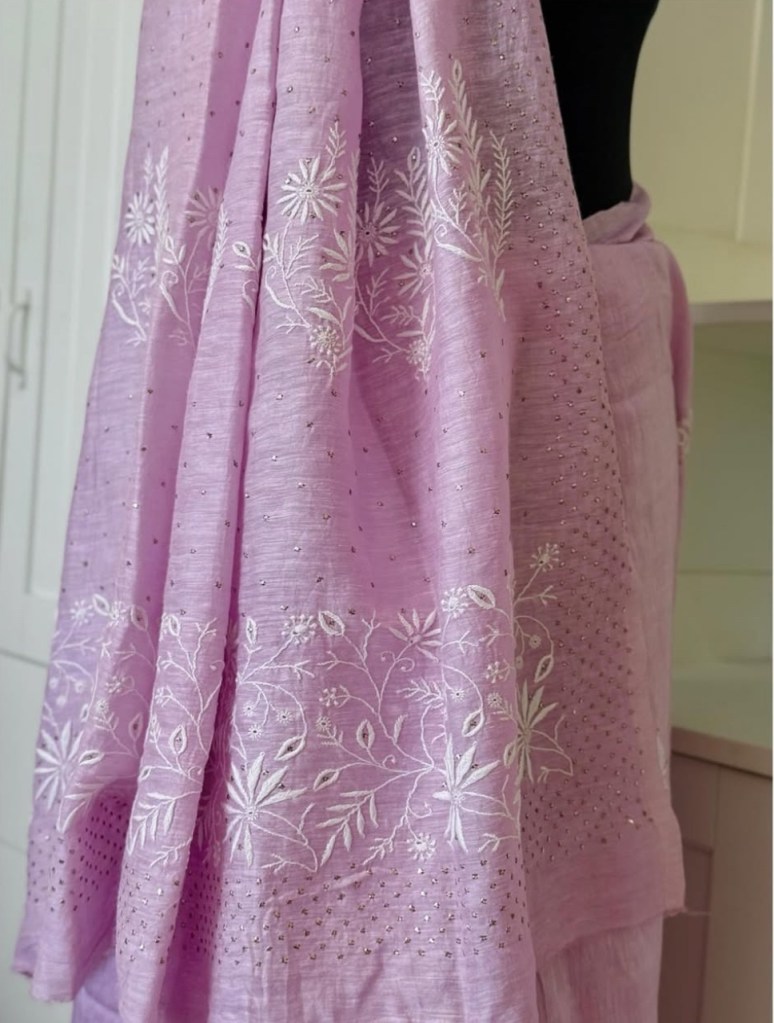 Lilac pink pure linen Chikankari & mukaish work saree with blouse