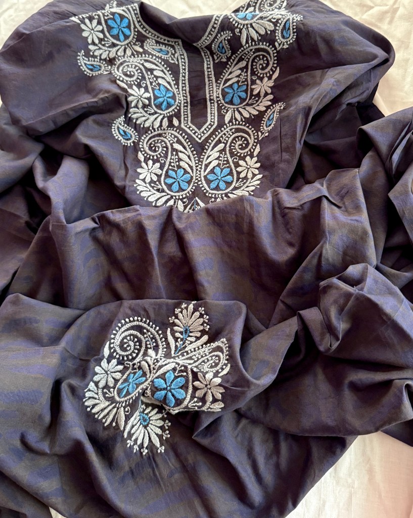 Midnight blue organic cotton natural dyed Chikankari kurta fabric