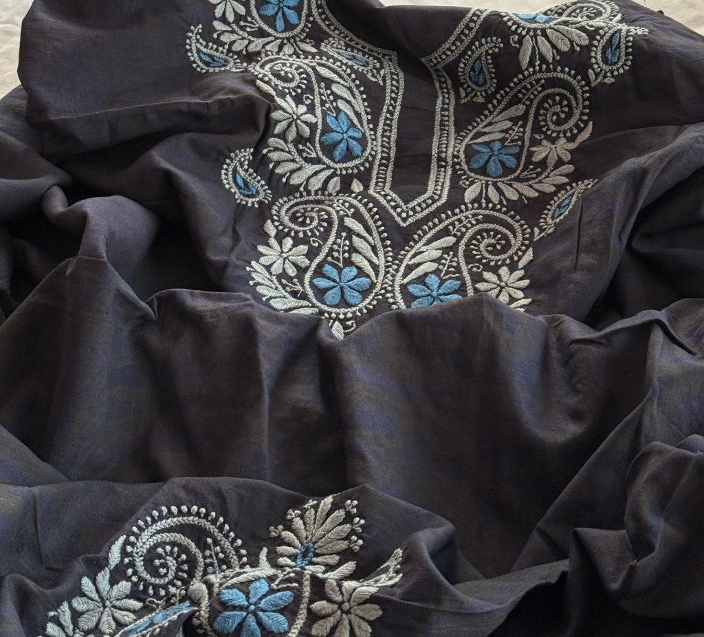 Midnight blue organic cotton natural dyed Chikankari kurta fabric