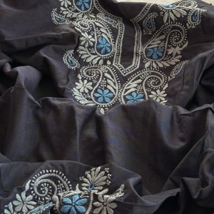 Midnight blue organic cotton natural dyed Chikankari kurta fabric - Image 2