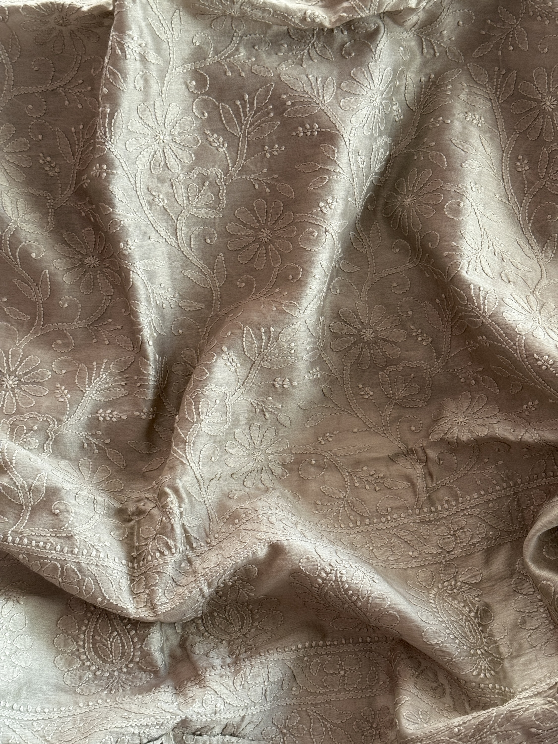 Grey pure Chanderi Chikankari kurta fabric - Image 1