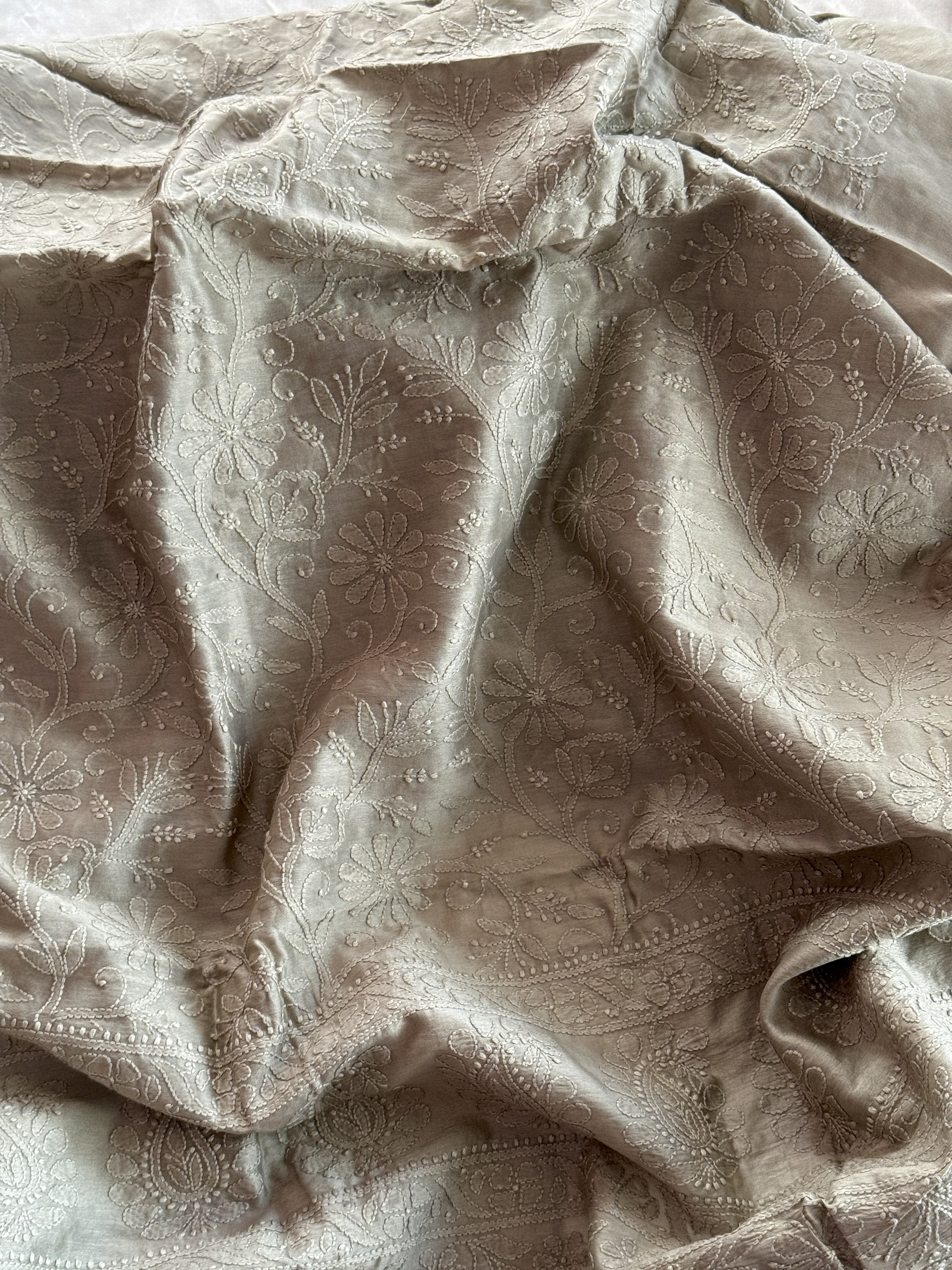 Grey pure Chanderi Chikankari kurta fabric - Image 2