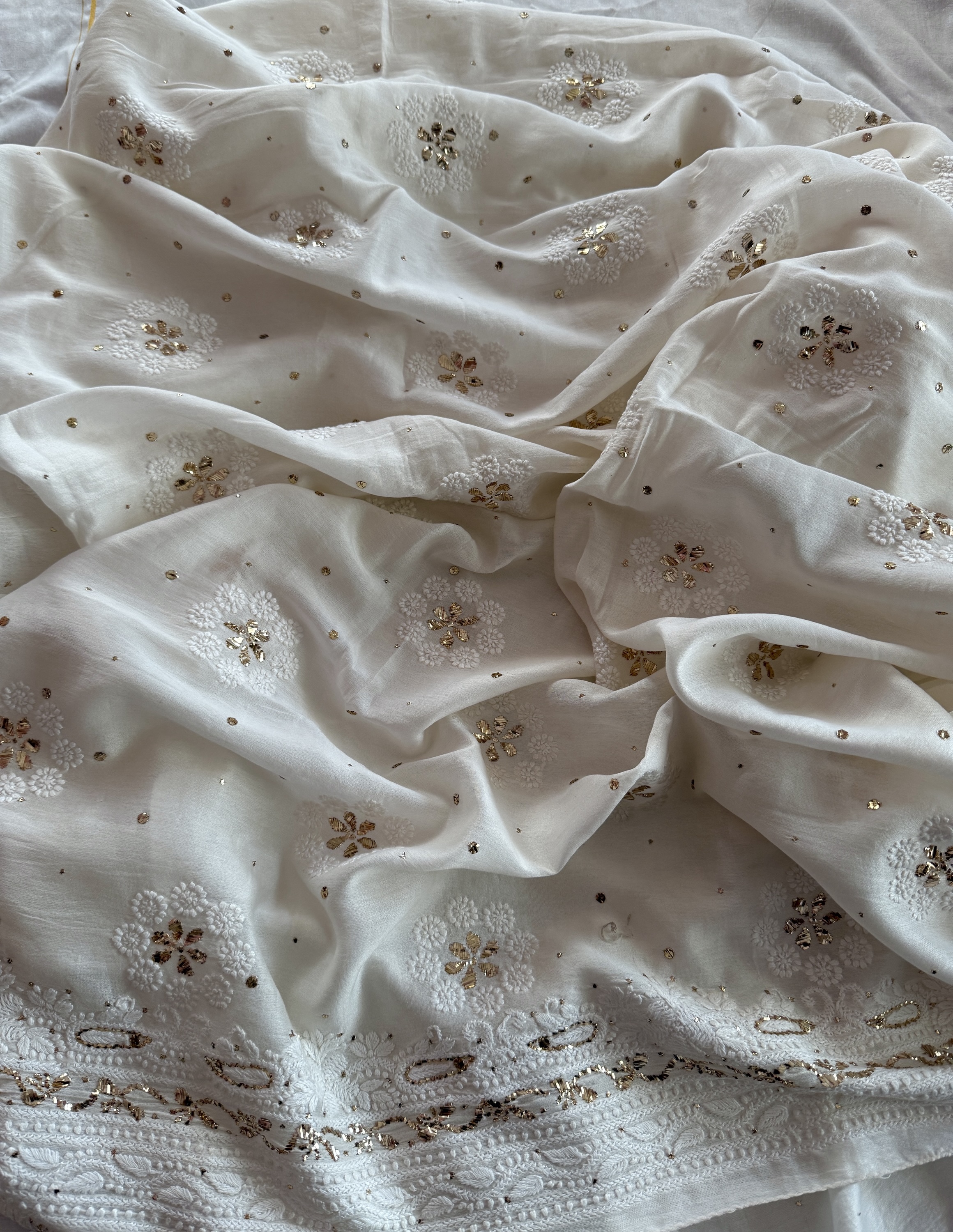 Off-white Chanderi Chikankari & mukaish kurta fabric - Image 1