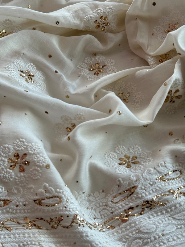 Off-white Chanderi Chikankari & mukaish kurta fabric